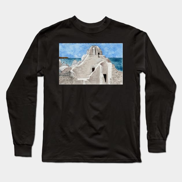 Mykonos Chapel Greek Island watercolor Long Sleeve T-Shirt by Zamen